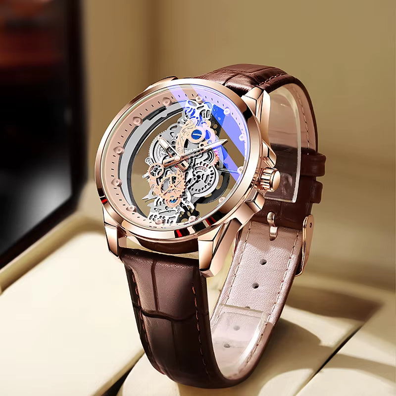 Hot Trendy Fashion Wholesale Men Golden Skeleton Automatic Quartz Wrist Watches Luxury 2024