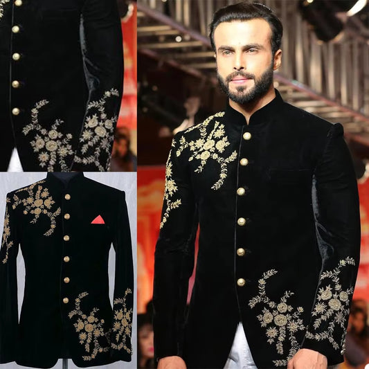Black Men Suit Luxury Gold Applique Beads Single-Breasted Men Suit Tailored Suit Fit Slim Formal Men Coat Custom Made