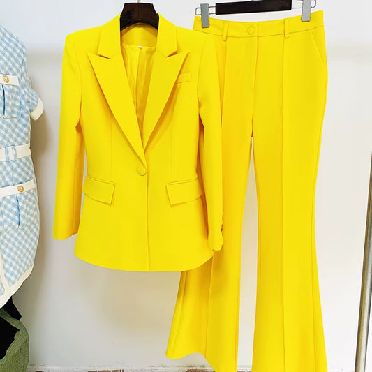 HIGH QUALITY Newest 2025 Runway Designer Suit Set Women'S Single Button Blazer Flare Pants Suit Fluorescent Purple