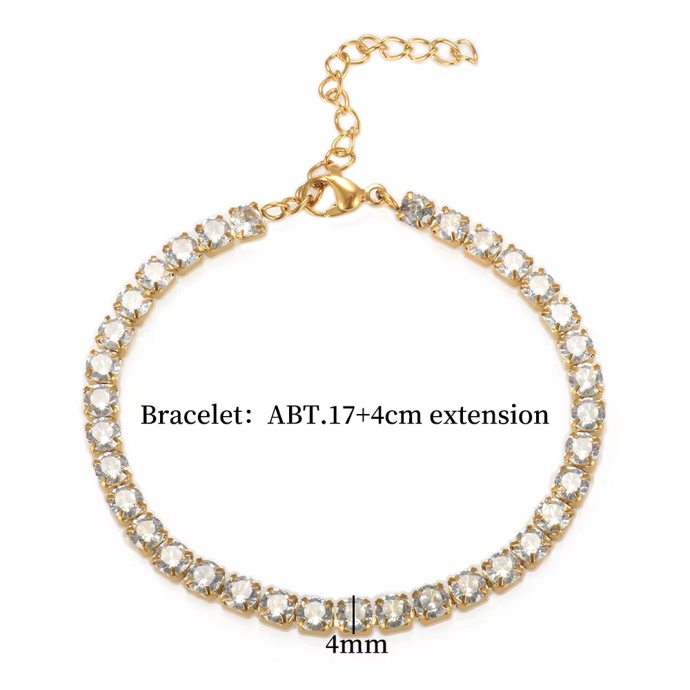 Fashion High Quality Stainless Steel Cubic Zirconia Collar Necklace Rhinestone Bracelet Woman Trendy Jewelry Set Gift Wholesale