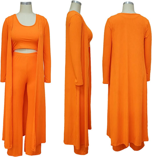 3 Piece Lounge Sets for Women - Ribbed Crop Top and Bodycon Pants Set with Long Kimono Cardigan Cover up Orange Small