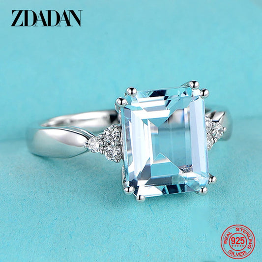 925 Sterling Silver Fashion Aquamarine Gemstone Ring for Women Wedding Party Jewelry Gifts Wholesale