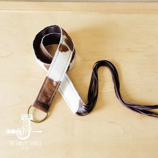 Hair-On-Hide Brown & White Leather Belt W/ Fringe