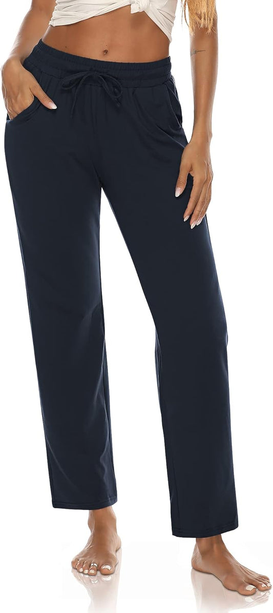 Womens Yoga Pants Wide Leg Comfy Lounge Pants Casual Loose Drawstring Cotton Pajamas Sweat Pants with Pockets Navy XL