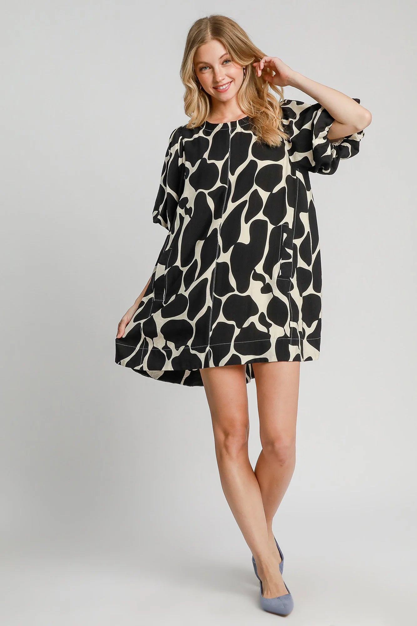 Umgee Full Size Two Tone Abstract Print Puff Sleeve Dress plus Size