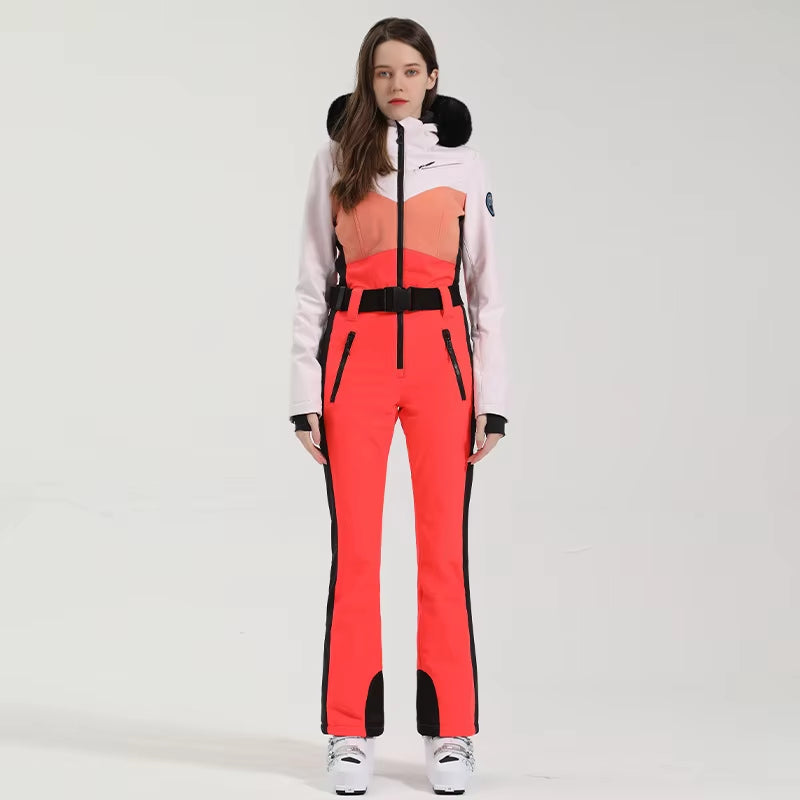 One-Piece Ski Suit Women Thickening Snowboard Female Overalls Winter Windproof Waterproof Breathable Clothing Skiing