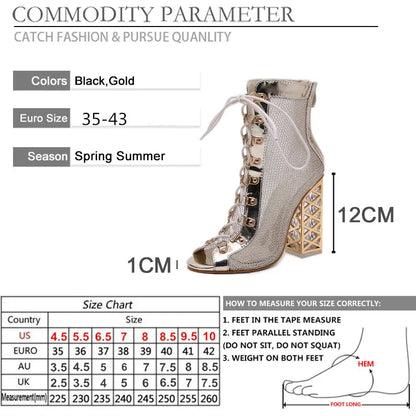 2021 New Summer Sandal Sexy Golden Bling Gladiator Sandals Women Pumps Shoes Lace-Up High Heels Sandals Boots Gold 43