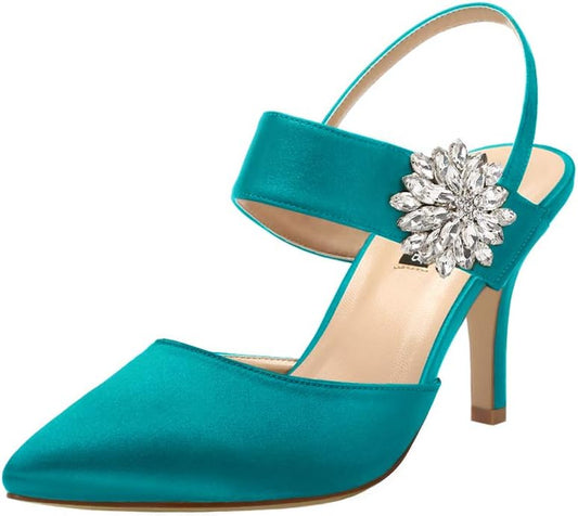 Mid Heel Shoes for Women Pointed Toe Slingback Rhinestone Brooch Satin Dress Pumps Evening Prom Wedding Shoes