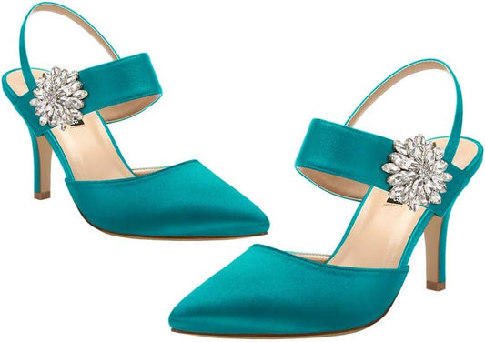 Mid Heel Shoes for Women Pointed Toe Slingback Rhinestone Brooch Satin Dress Pumps Evening Prom Wedding Shoes