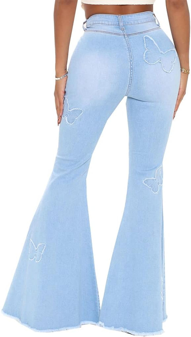 Bell Bottom Jeans for Women Butterfly Embroidery High Waisted Flare Jeans Ripped Hole Classic Denim Flare Pants