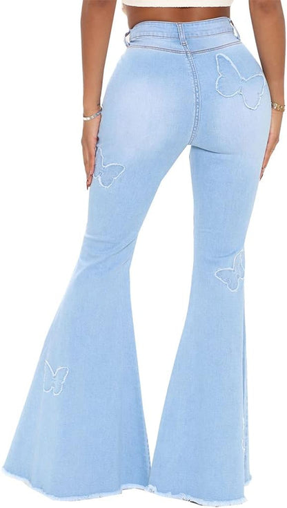 Bell Bottom Jeans for Women Butterfly Embroidery High Waisted Flare Jeans Ripped Hole Classic Denim Flare Pants