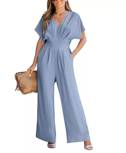 Women'S V-Neck Short Sleeve Straight Leg Jumpsuit