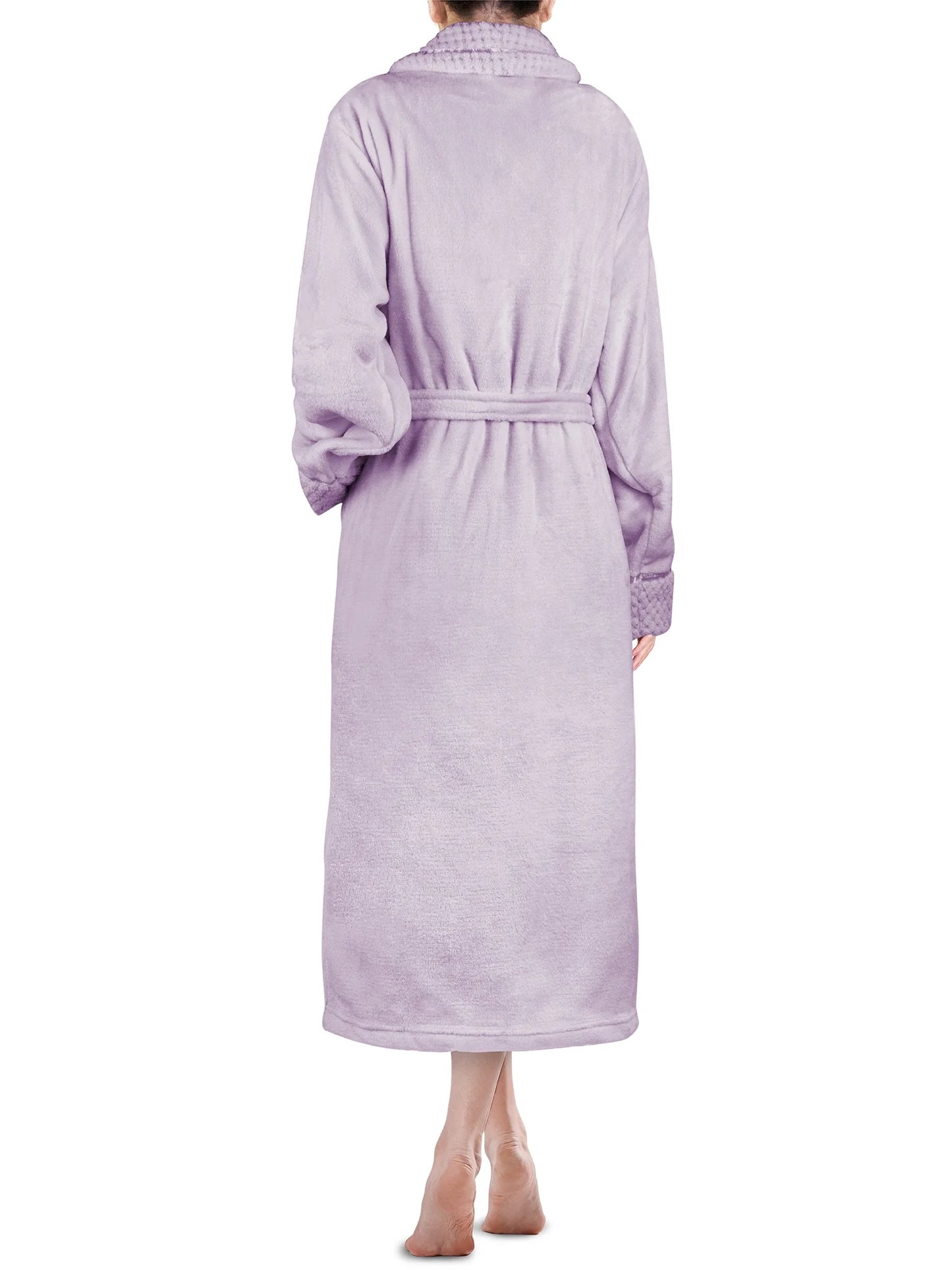 Soft Plush Women Fleece Robe, Lavender Light Purple Cozy Bathrobe, Female Long Spa Robe, Warm Housecoat, Satin Waffle Trim, L/XL