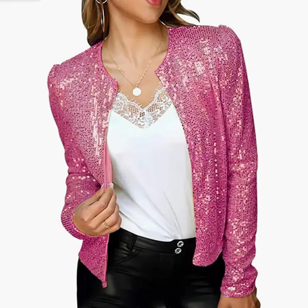 Women Sequin Jackets Glitter Long Sleeve Short Coats Streetwear Elegant Solid Female Tops Female Ladies Office Wear Streetwear