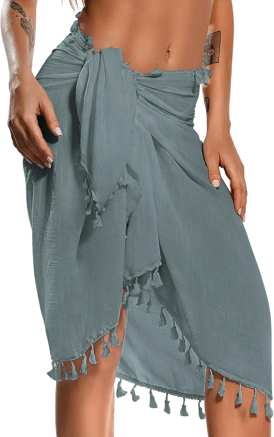 Beach Sarong Pareo Womens Semi-Sheer Swimwear Cover Ups Short Skirt with Tassels