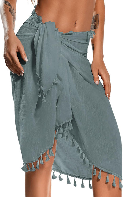 Beach Sarong Pareo Womens Semi-Sheer Swimwear Cover Ups Short Skirt with Tassels