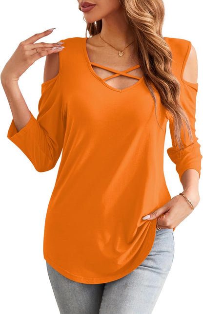 Womens Summer Shirts 3/4 Long Sleeve V Neck Criss Cross Cold Shoulder Tops Blouse