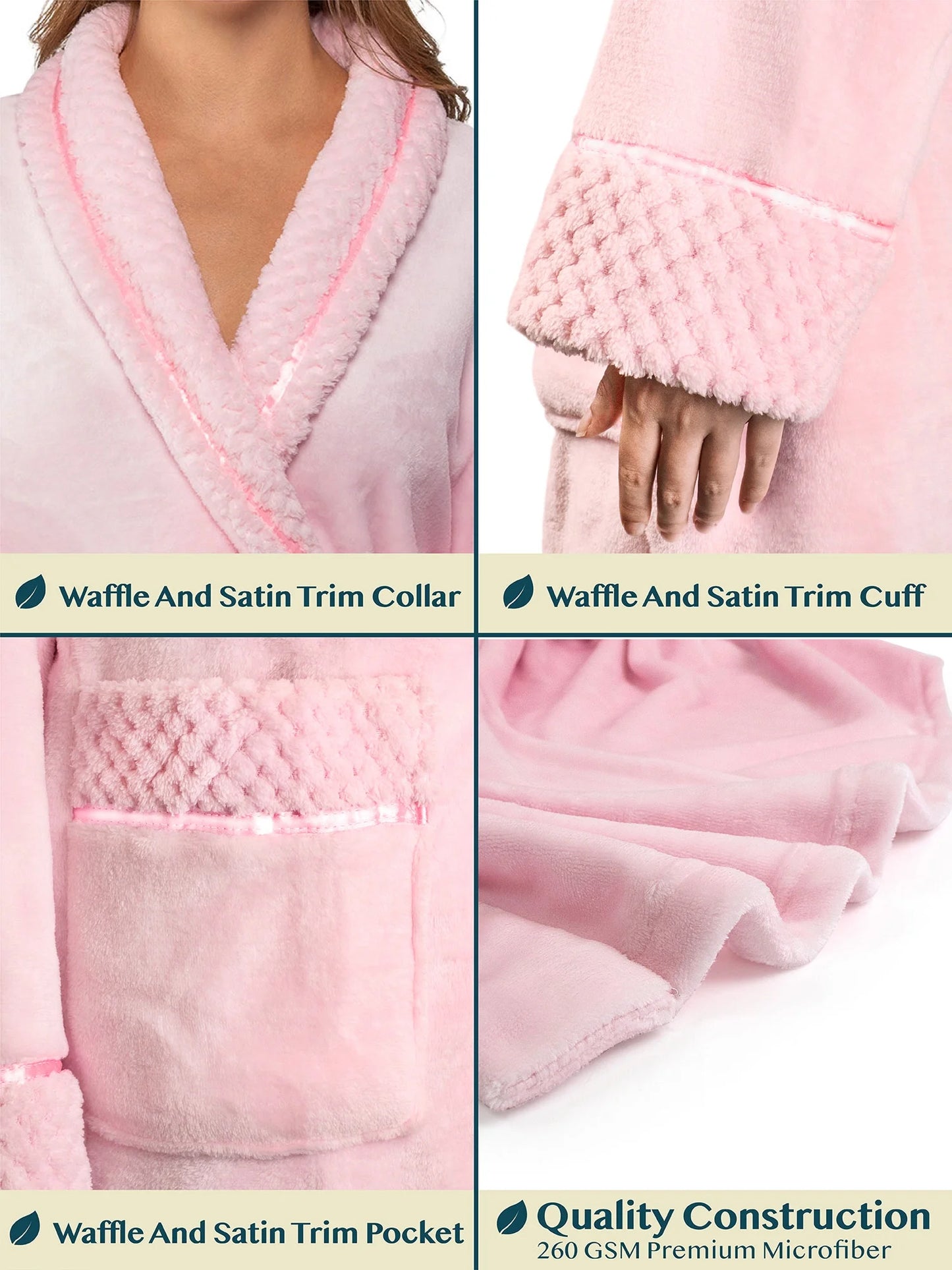 Soft Plush Women Fleece Robe, Pink Cozy Bathrobe, Female Long Spa Robe, Warm Housecoat, Satin Waffle Trim, L/XL