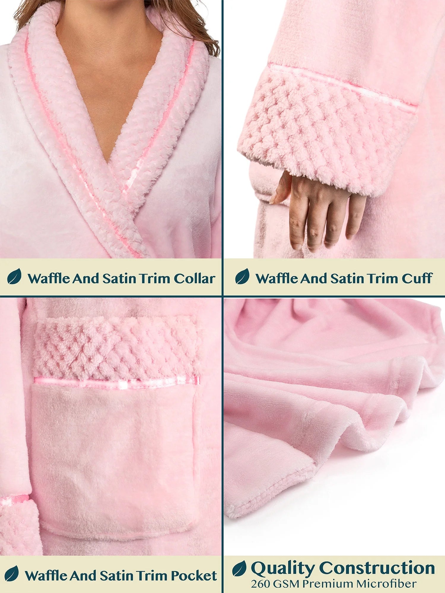 Soft Plush Women Fleece Robe, Pink Cozy Bathrobe, Female Long Spa Robe, Warm Housecoat, Satin Waffle Trim, L/XL