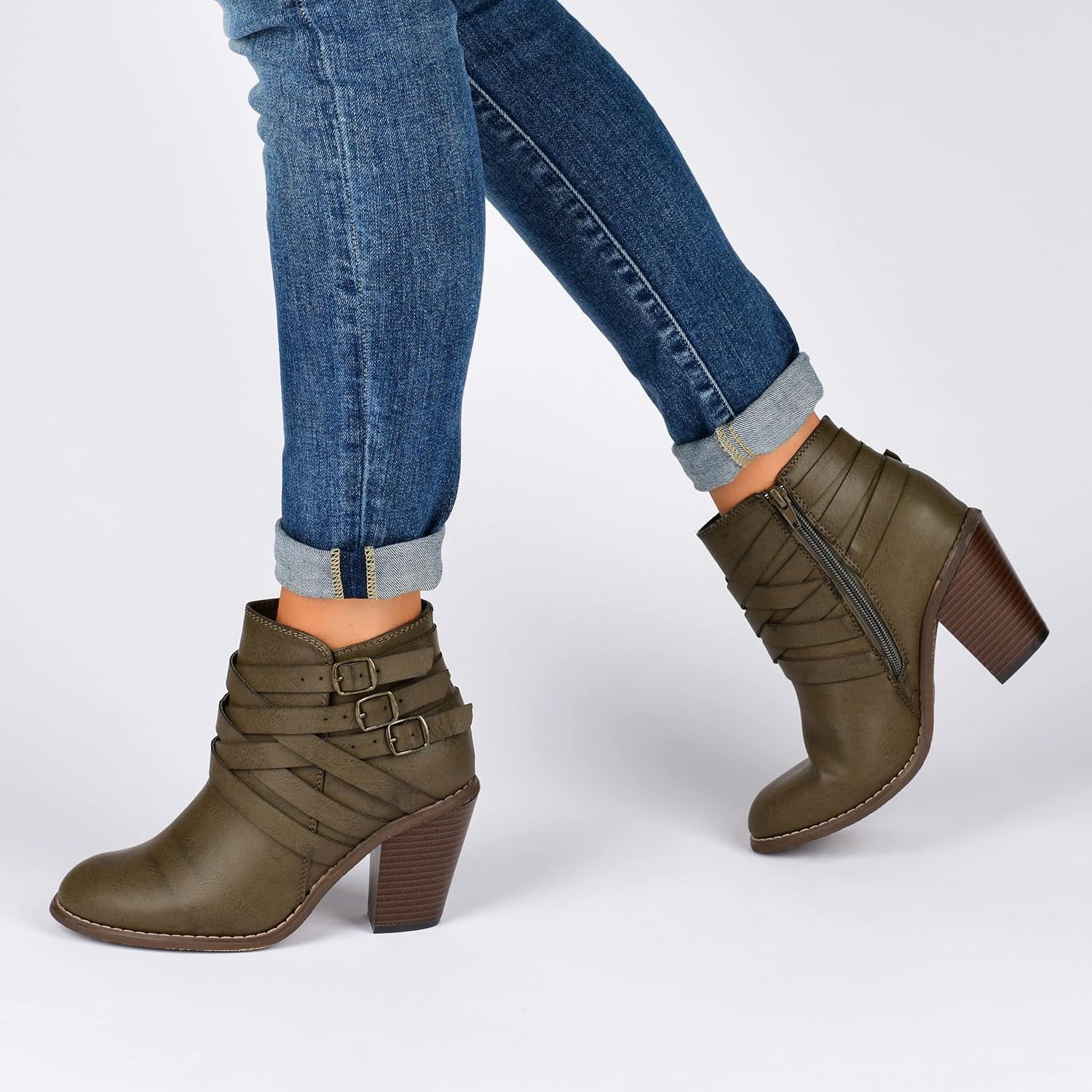 Journee Womens Strap Wide Width inside Zip Stacked Heel Booties