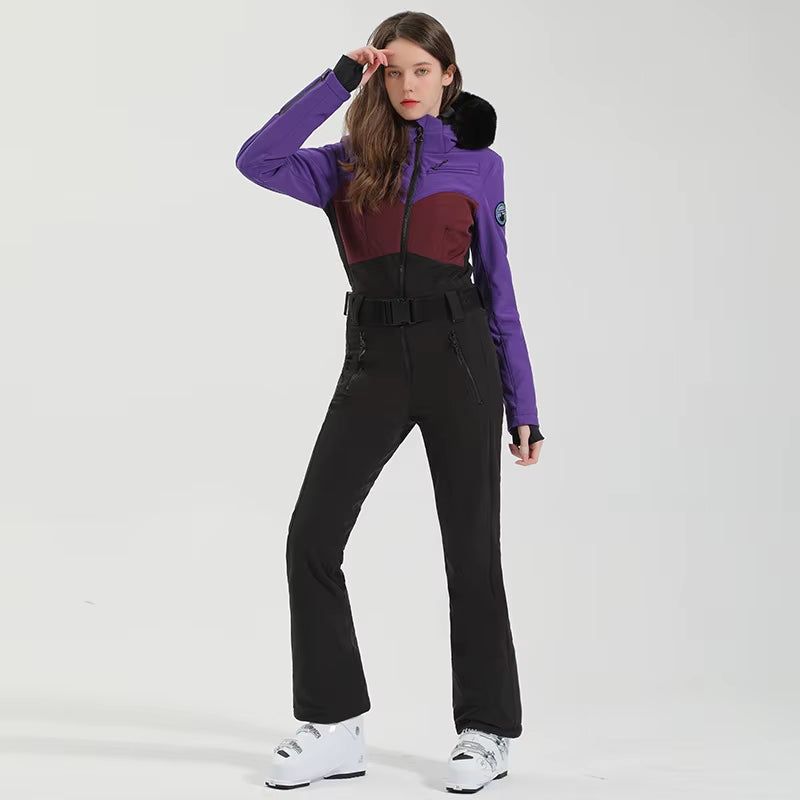 One-Piece Ski Suit Women Thickening Snowboard Female Overalls Winter Windproof Waterproof Breathable Clothing Skiing