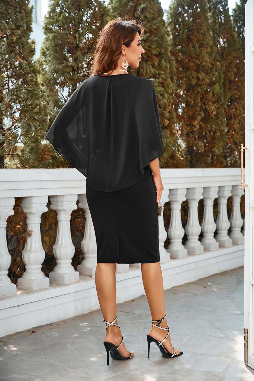 Women'S plus Size Chiffon Ruffle Flattering Cape Sleeve Bodycon Pencil Dress