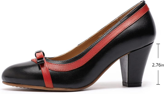 Leather Mid Chunky Pumps Elegant Women Slip on Classic Comfortable Elegant Handmade Work Shoes