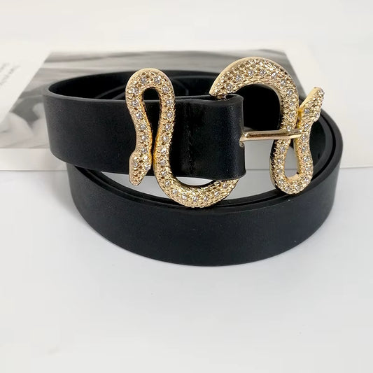 Designer Belts for Women High Quality Luxury Brand Shiny Rhinestone Snake Buckle PU Leather Corset Belt Ladies Jeans Waistband