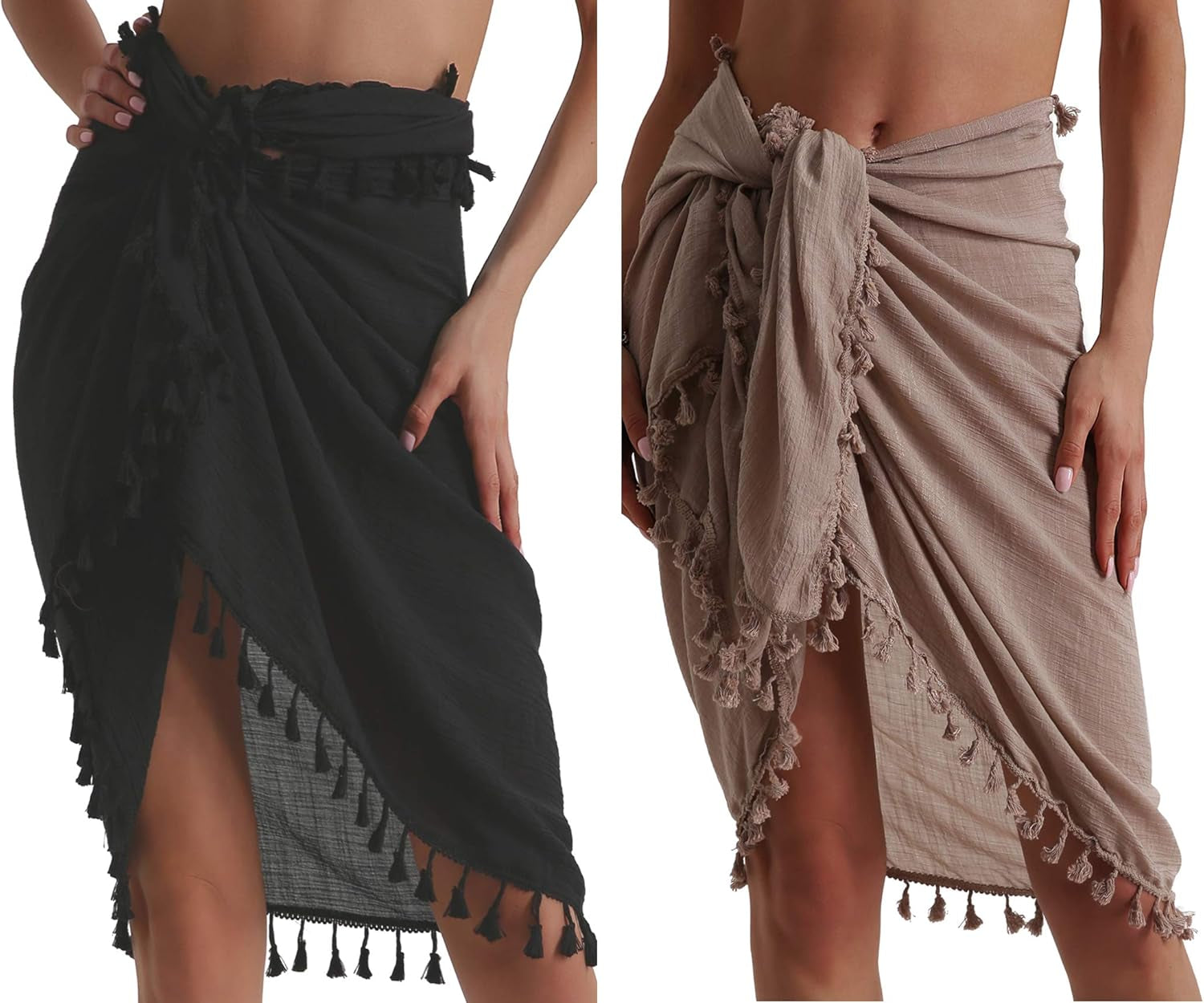 Beach Sarong Pareo Womens Semi-Sheer Swimwear Cover Ups Short Skirt with Tassels