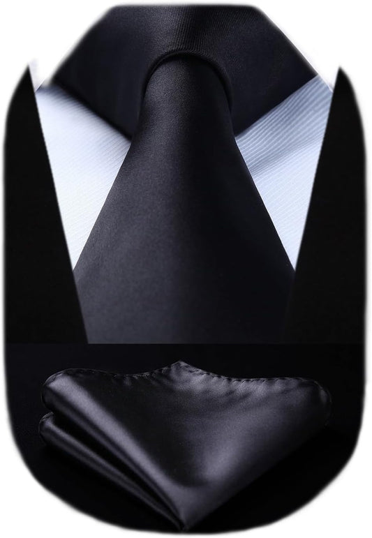 Mens Solid Color Ties Formal Satin Necktie and Pocket Square Set Classic Wedding Business Tie & Handkerchief