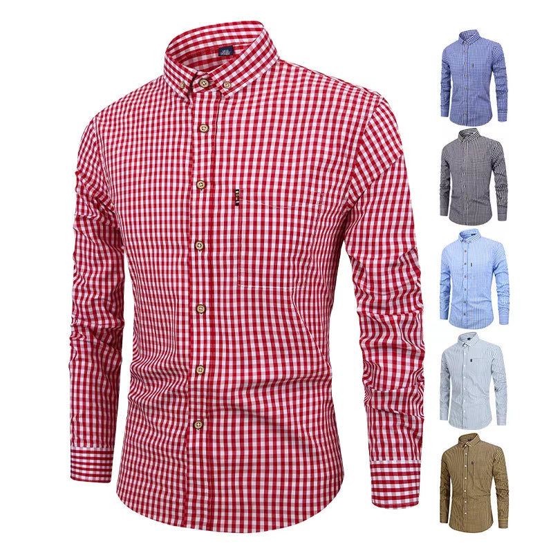 American Size 100% Cotton Men'S Long Sleeve Shirt Plaid Non-Ironing Casual High Quality Breathable plus Size Slim Fit