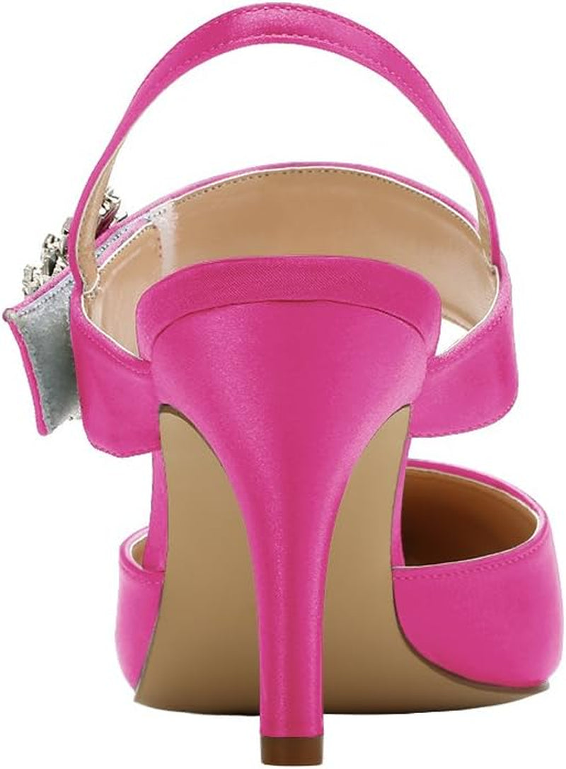 Mid Heel Shoes for Women Pointed Toe Slingback Rhinestone Brooch Satin Dress Pumps Evening Prom Wedding Shoes