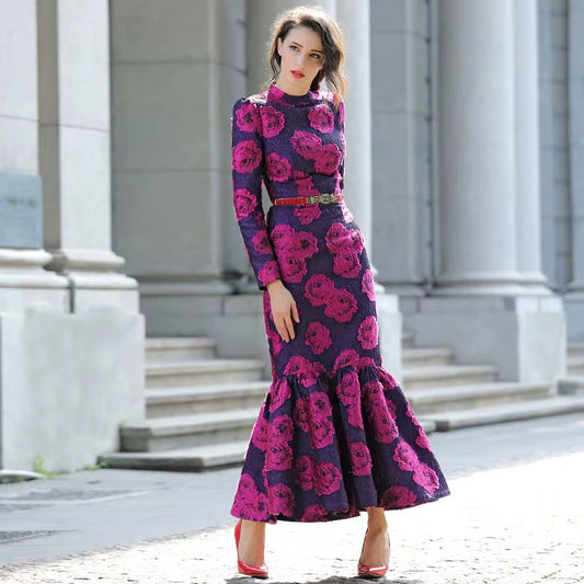 Elegant Brocade Women Long Mermaid Dress Vintage Flower Slim Clothing Stand Collar Party Dresses Robe Femme Vestido