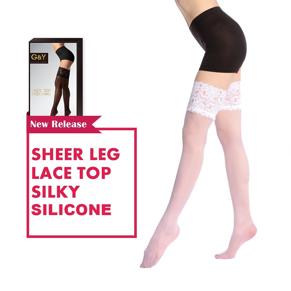 Thigh High Stockings with Silicone - 15D Sheer Lace Top Nylon Stay up Pantyhose for Women