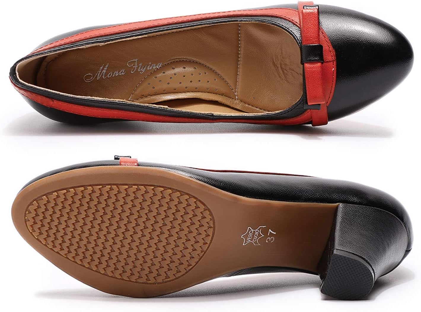 Leather Mid Chunky Pumps Elegant Women Slip on Classic Comfortable Elegant Handmade Work Shoes