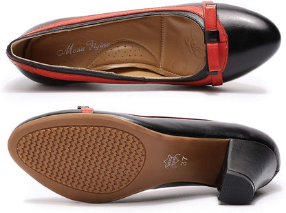 Leather Mid Chunky Pumps Elegant Women Slip on Classic Comfortable Elegant Handmade Work Shoes