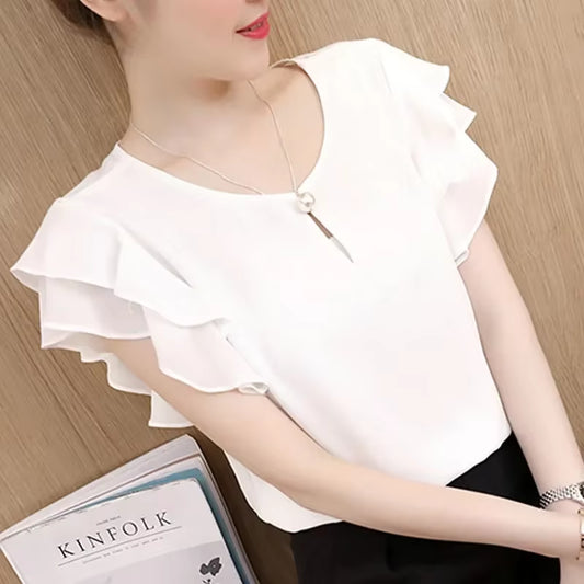 Summer Short Sleeve White Blouse Shirt Blouse Women 2025 O-Neck Chiffon Blouse Shirt Blouse Women Tops Blouses D198