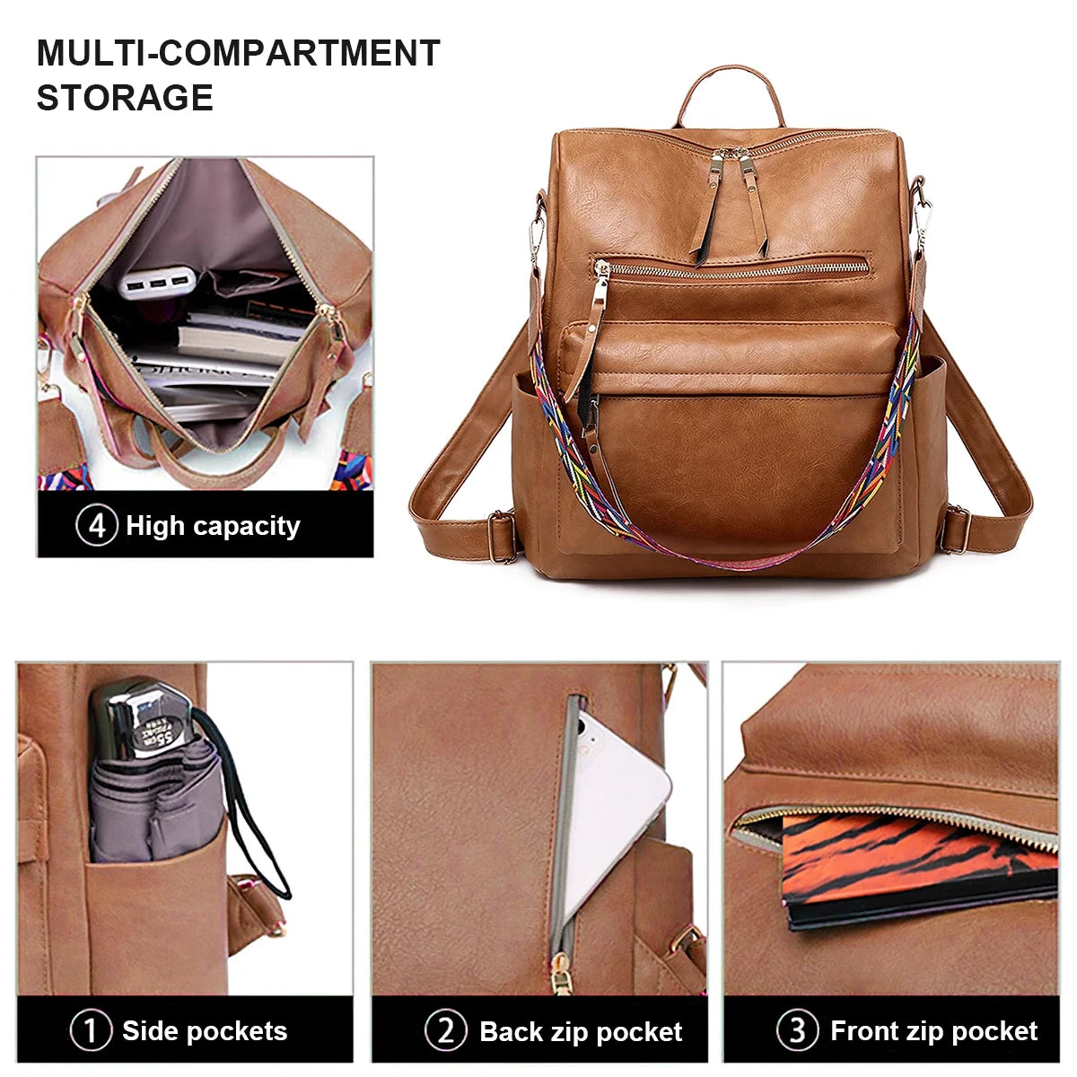 Backpack Purse for Women Fashion Waterproof PU Leather School Backpack Convertible Shoulder Bags Brown