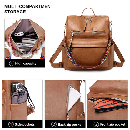 Backpack Purse for Women Fashion Waterproof PU Leather School Backpack Convertible Shoulder Bags Brown