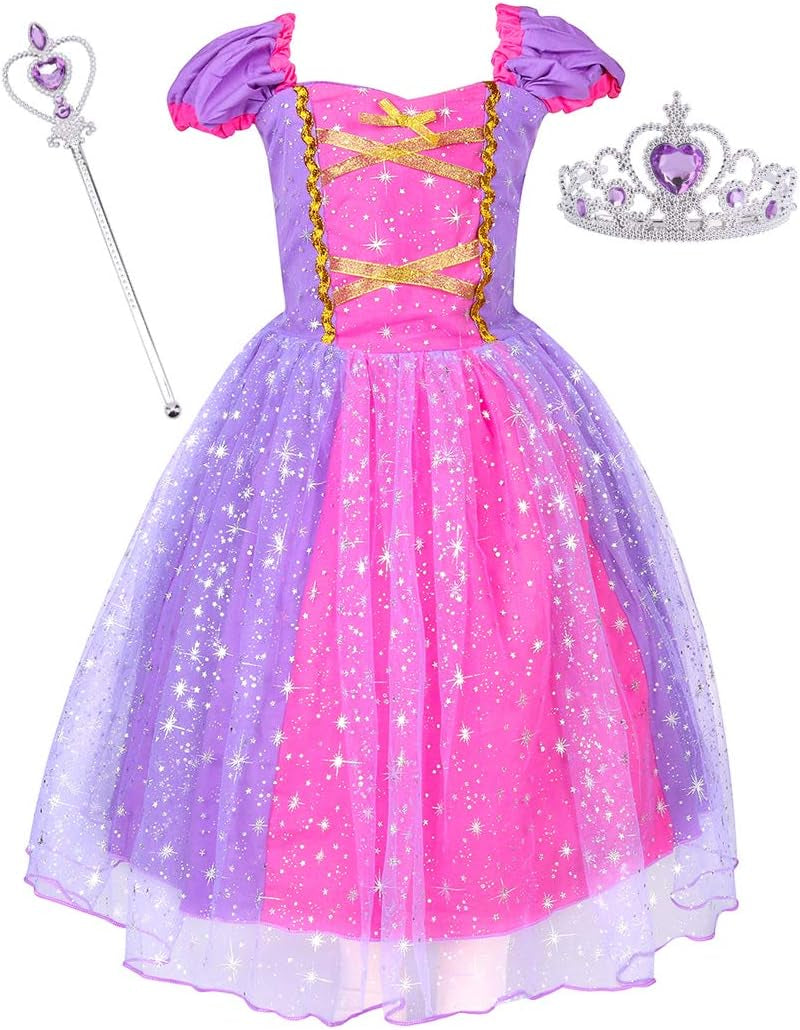 Princess Dress Costume for Little Girls Christmas Day Gift Birthday Party Shining Dress（Purple with Accessories, 120Cm
