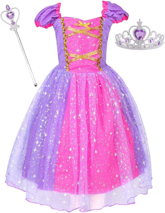 Princess Dress Costume for Little Girls Christmas Day Gift Birthday Party Shining Dress（Purple with Accessories, 120Cm