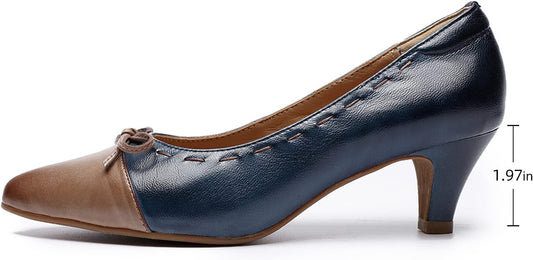 Womens Leather Elegant Pointed Toe Bowknot Pumps Ladies Kitten Heels Dressy Casual Office Work Shoes