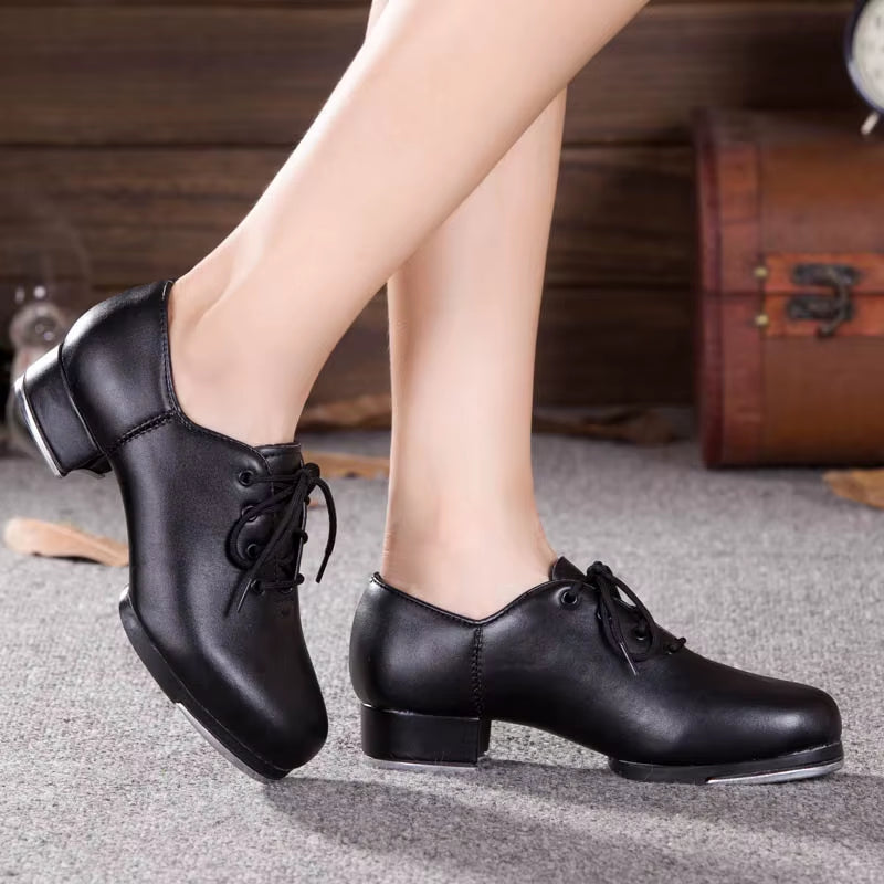 Genuine Leather Adult Tap Dance Shoes Men Women Kicked Shoes Sports Leather Soft Bottom High-Impact Aluminum Plate Black Shoe