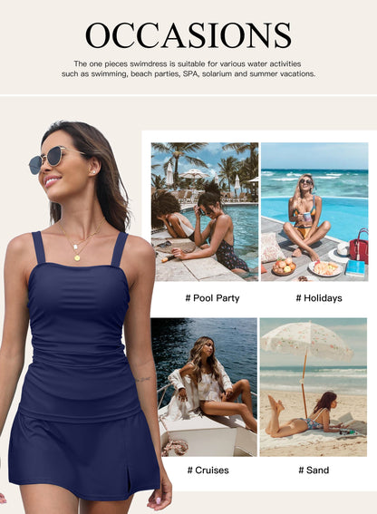 Swimsuit Sets Women Two Piece Tankini Bathing Suits Vintage Tummy Control Tankini Top with Skirt Bottom Push up Swim Suits Ladies Swimsuits Swimwear Blue S-2XL