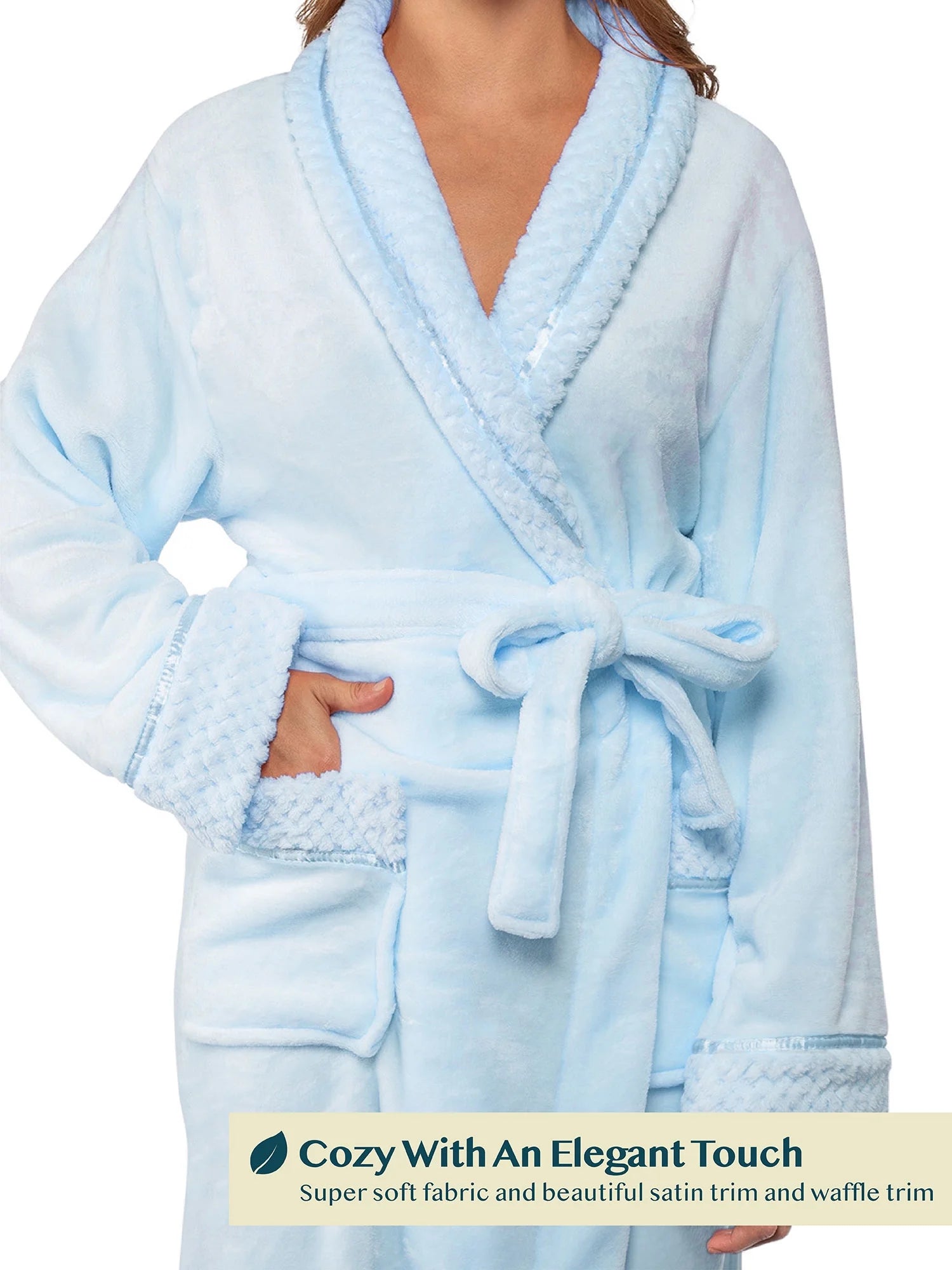Soft Plush Women Fleece Robe, Light Blue Cozy Bathrobe, Female Long Spa Robe, Warm Housecoat, Satin Waffle Trim, S/M