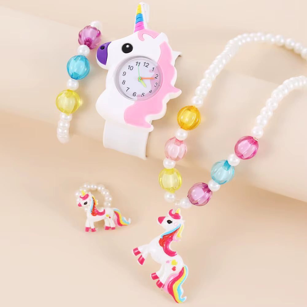 Children Rainbow Horse Patter Watch Jewelry Set Necklace Earrings Ring Bracelet Gifts for Children and Girls