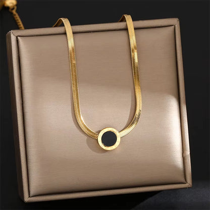 Stainless Steel Jewelry Set Snake Chain Necklace & Roman Numeral - Inscribed Earrings with Black Inlays