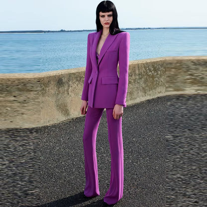 HIGH QUALITY Newest 2025 Runway Designer Suit Set Women'S Single Button Blazer Flare Pants Suit Fluorescent Purple