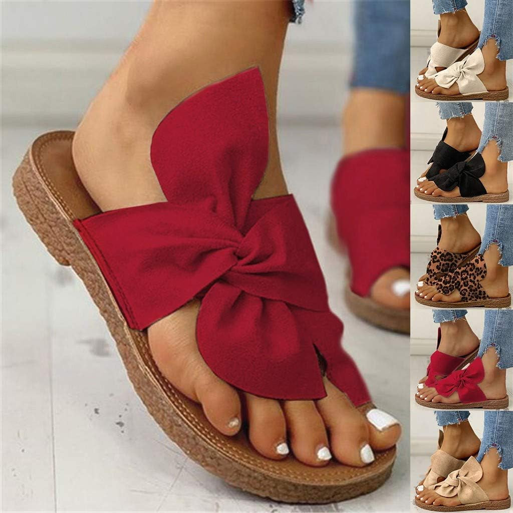Sandals for Women Casual Summer Bowknot Open Toe Sandals Shoes Bohemian Outdoorslippers Sandals Flat Beach Sandals, Red, 7.5