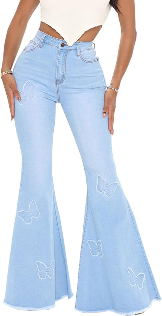 Bell Bottom Jeans for Women Butterfly Embroidery High Waisted Flare Jeans Ripped Hole Classic Denim Flare Pants